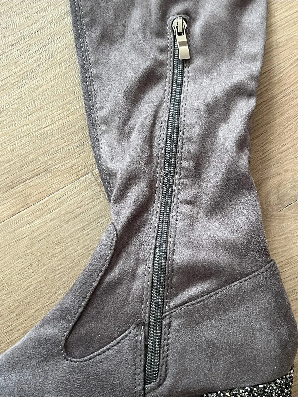 Catherine Malandrino Gray Suede Over-the-Knee Boots with Glitter Block Heel